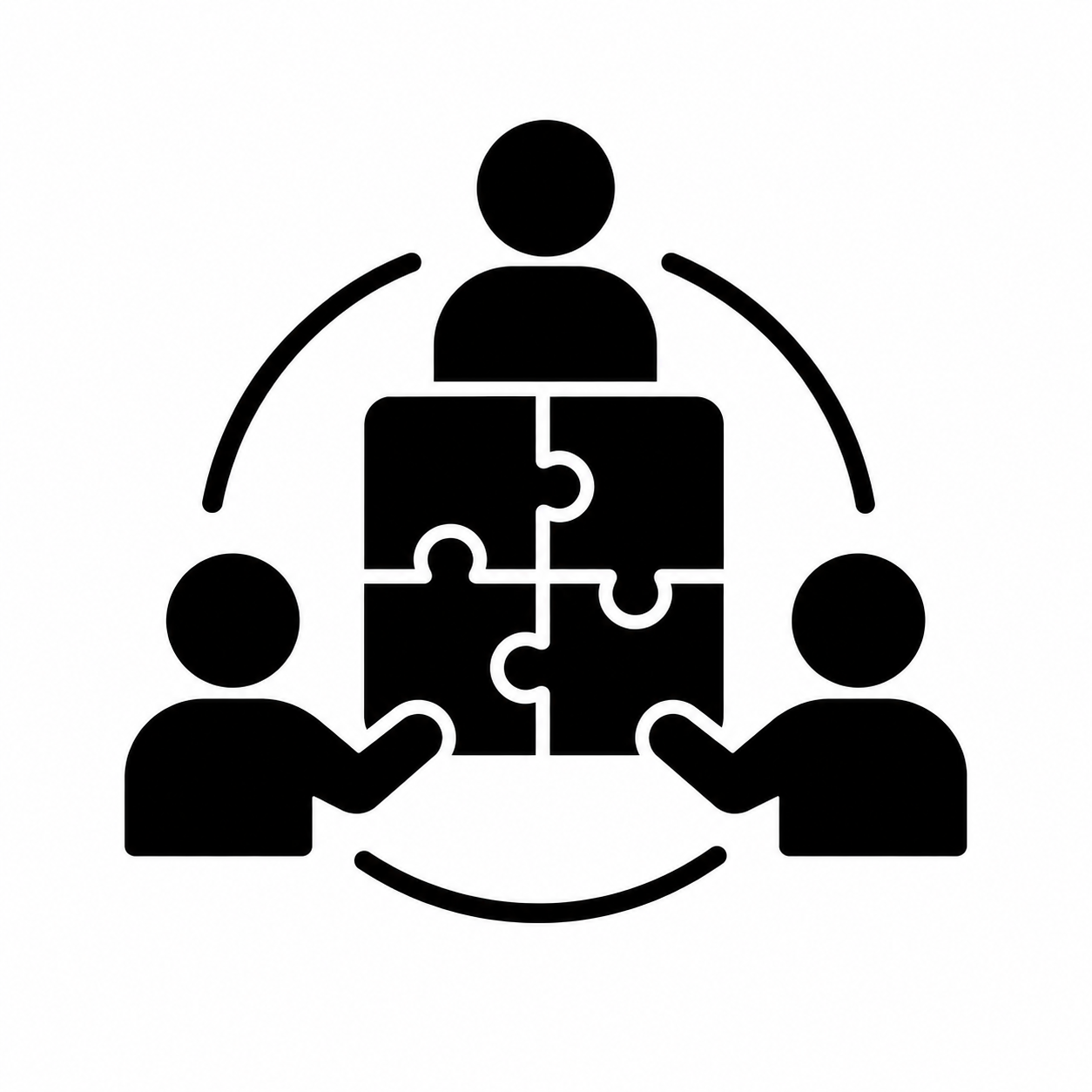 THree figures in a circle with puzzle pieces in the center