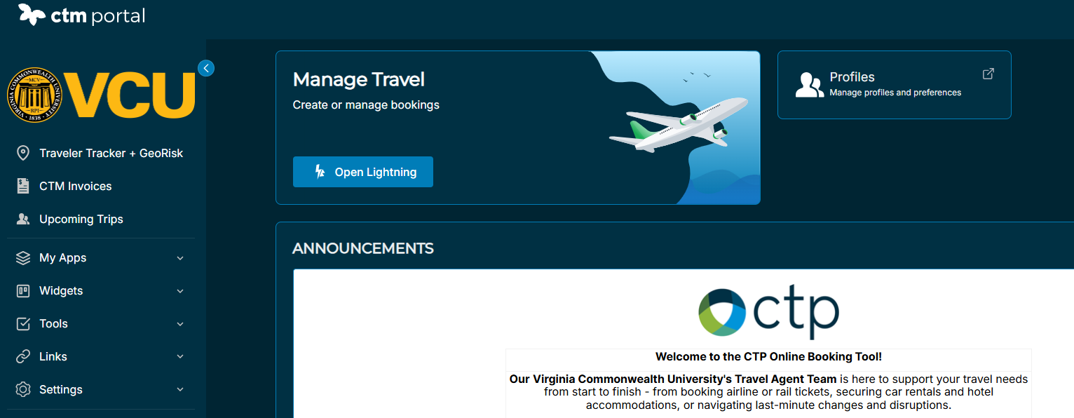 Screenshot of the Collegiate Travel Planners homescreen