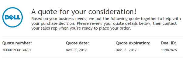 Dell quote screenshot highlighting important element of the quote number when entering a non-catalog order within eVA
